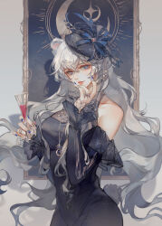 Rule 34 | 1girl, absurdres, alternate costume, animal ears, arknights, artist name, bear ears, black dress, black hat, blue bow, blue eyes, blue nails, bow, cowboy shot, cup, dress, drinking glass, fingernails, grey hair, hair between eyes, hand on own chin, hands up, hat, hat bow, highres, holding, holding cup, jewelry, jiujiangzi benren, lips, lipstick, long hair, long sleeves, looking at viewer, makeup, mismatched irises, multiple rings, nail polish, off-shoulder dress, off shoulder, parted lips, red eyes, ring, rosa (arknights), solo, very long hair