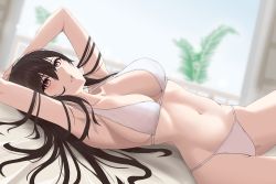 Rule 34 | 1girl, absurdres, armpits, arms up, bare shoulders, bikini, black hair, breasts, commentary request, cowboy shot, hair between eyes, highres, indoors, large breasts, long hair, looking at viewer, lying, navel, on back, original, parted lips, pink eyes, solo, stomach, swimsuit, tsukanko16, white bikini