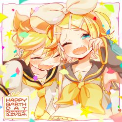 Rule 34 | 1boy, 1girl, anniversary, aqua eyes, ascot, bare shoulders, bass clef, blonde hair, blush, bow, brother and sister, closed eyes, confetti, detached sleeves, fang, hair bow, hair ornament, hairclip, happy, happy birthday, headphones, headset, heart, highres, kagamine len, kagamine rin, laughing, nail polish, necktie, nokodaru marin, one eye closed, open mouth, sailor collar, shirt, short sleeves, siblings, sleeveless, sleeveless shirt, star (symbol), swept bangs, tearing up, treble clef, twins, vocaloid, white background, yellow nails, yellow neckwear