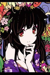 Rule 34 | 1girl, black hair, breasts, cleavage, colorful, eyeshadow, face, flat color, floral print, flower, hair flower, hair ornament, ideolo, japanese clothes, kimono, letterboxed, looking at viewer, makeup, nail polish, no nose, orange eyes, original, red eyes, smile, solo