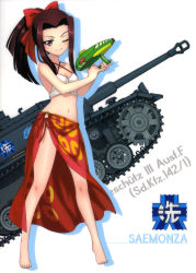 Rule 34 | 10s, 1girl, ;), absurdres, barefoot, bikini, bow, breasts, brown eyes, brown hair, caterpillar tracks, cleavage, collarbone, emblem, full body, girls und panzer, gun, hair bow, high ponytail, highres, holding, holding gun, holding weapon, long hair, looking at viewer, military, military vehicle, motor vehicle, navel, one eye closed, ooarai (emblem), red bow, saemonza (girls und panzer), sarong, see-through, simple background, small breasts, smile, solo, standing, sturmgeschutz iii, swimsuit, tank, water gun, weapon, white background, white bikini