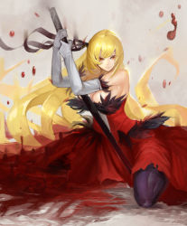 Rule 34 | 1girl, absurdres, aged up, bare shoulders, black legwear, blonde hair, blood, breasts, cleavage, commentary request, dress, elbow gloves, fur trim, gloves, highres, holding, holding sword, holding weapon, kiss-shot acerola-orion heart-under-blade, kosyuz, large breasts, long hair, monogatari (series), oshino shinobu, planted, planted sword, planted weapon, red dress, sideboob, sitting, strapless, strapless dress, sword, vampire, very long hair, weapon, yellow eyes