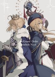 Rule 34 | 2girls, ahoge, armor, armored dress, artoria caster (fate), artoria caster (second ascension) (fate), artoria pendragon (all), artoria pendragon (fate), belt, beret, black bow, black gloves, blonde hair, blue belt, blue cloak, blue dress, blush, bow, buttons, cloak, closed eyes, closed mouth, collar, crown, dress, excalibur (fate/stay night), fate/grand order, fate/stay night, fate (series), fur trim, gloves, hair bow, hat, holding, holding staff, holding sword, holding weapon, long dress, long hair, long sleeves, multiple girls, note nii, ornament, saber (fate), shirt, skirt, staff, sword, weapon, white background, white fur, white shirt, white skirt
