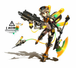 Rule 34 | 1girl, armband, armor, axe, belt, blonde hair, breasts, cyborg, dual wielding, elbow gloves, english text, fingerless gloves, full body, gia, gloves, glowing, gun, hair ornament, hat, holding, mecha musume, navel, neon trim, orange eyes, original, personification, shadow, short hair, simple background, solo, tail, thighhighs, underboob, vial, weapon, zipper