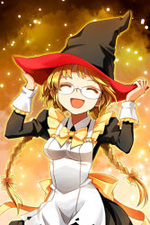 Rule 34 | 1girl, :d, apron, arms up, bail, blonde hair, bow, braid, dress, closed eyes, frills, glasses, glowing, hair ribbon, hat, holding, impossible clothes, long sleeves, lowres, mop maid, open mouth, ribbon, smile, solo, sword girls, twin braids, witch hat