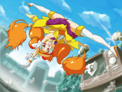 Rule 34 | 1girl, amanogawa kirara, bare shoulders, boots, choker, commentary request, cure twinkle, dress, earrings, female focus, full body, gloves, go! princess precure, jewelry, long hair, magical girl, multicolored hair, nature, orange hair, outdoors, oven, plant, precure, purple eyes, shimotsuki juugo, sky, smile, solo, spinning bird kick, split, spread legs, star (symbol), star earrings, twintails, two-tone hair, zetsuborg
