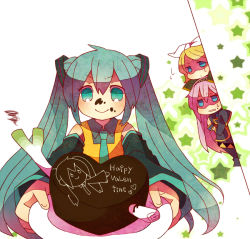 Rule 34 | 3girls, :&gt;, apron, armband, bad food, belt, blonde hair, blue eyes, blush, cake, chocolate, chocolate cake, chocolate on face, collared shirt, detached sleeves, food, food on face, frown, green eyes, hair ornament, hair ribbon, hairband, happy valentine, hatsune miku, heart-shaped cake, holding, holding food, holding plate, jitome, kagamine rin, long hair, long sleeves, looking at viewer, megurine luka, multiple girls, necktie, niwako, open mouth, parted bangs, peeking out, pink hair, plate, reaching, reaching towards viewer, ribbon, shaded face, shirt, sleeveless, sleeveless shirt, sleeves past fingers, sleeves past wrists, smile, spring onion, star (symbol), sweat, sweatdrop, twintails, v-shaped eyebrows, valentine, very long hair, vocaloid