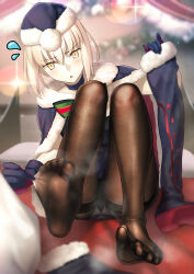 Rule 34 | 1girl, absurdres, artoria pendragon (all), artoria pendragon (fate), besmiled, black hat, blonde hair, boots, christmas, clothes pull, fate/grand order, fate (series), feet, fur-trimmed headwear, fur trim, hat, highres, light blush, long hair, looking at viewer, panties, panties under pantyhose, pantyhose, pantyhose pull, pantyshot, parted lips, saber alter, santa alter, santa costume, santa hat, shoes, soles, steam, toes, underwear, unworn boots, unworn shoes, yellow eyes