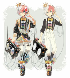 Rule 34 | 1boy, black nails, boombox, boots, bow, bowtie, crown, facial mark, flat color, fukase, green eyes, headset, isa (suisuihoi), male focus, mini crown, multicolored hair, nail polish, neon trim, simple background, smile, solo, star (symbol), star facial mark, suspenders, vocaloid