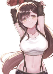 Rule 34 | 1girl, armpits, arms up, black hair, black skirt, blush, breasts, brown eyes, brown hair, collarbone, commentary request, earrings, ebinomi, elbow gloves, final fantasy, final fantasy vii, fingerless gloves, gloves, highres, jewelry, large breasts, long hair, looking at viewer, midriff, navel, skirt, smile, solo, suspender skirt, suspenders, tank top, tifa lockhart
