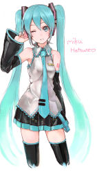 Rule 34 | 1girl, black thighhighs, blush, breasts, character name, detached sleeves, green eyes, green hair, hatsune miku, headset, kirisawa saki, long hair, matching hair/eyes, simple background, small breasts, smile, solo, thighhighs, twintails, very long hair, vocaloid, white background