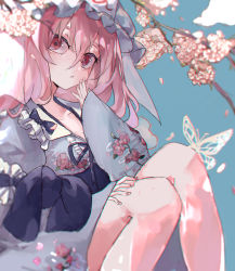 Rule 34 | 1girl, :/, blue background, blue hat, blue kimono, blurry, blush, breasts, bug, butterfly, cherry blossoms, collarbone, depth of field, eyebrows hidden by hair, falling petals, feet out of frame, fingernails, floral print, flower, hair between eyes, hand on own cheek, hand on own face, hat, highres, insect, japanese clothes, kani nyan, kimono, knees up, long hair, looking at viewer, mob cap, parted lips, petals, pink eyes, pink flower, pink hair, saigyouji yuyuko, simple background, sitting, small breasts, solo, touhou, triangular headpiece, wide sleeves