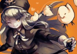Rule 34 | 1girl, bird, black capelet, black dress, black hat, blonde hair, borrowed character, bright pupils, brown eyes, cane, capelet, chick, closed mouth, dress, floating hair, hat, highres, holding, holding cane, holding stick, junior (gogalking), long hair, long sleeves, looking at viewer, okame nin, one eye closed, orange background, original, smile, solo, stick
