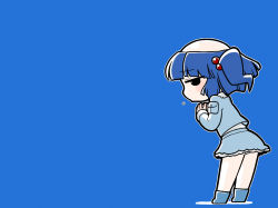 Rule 34 | 1girl, bald, bald girl, bald spot, blue background, blue hair, boots, embarrassed, female focus, hair bobbles, hair ornament, highres, kawashiro nitori, looking at viewer, looking back, miniskirt, no headwear, short hair, simple background, skirt, solo, sweatdrop, touhou, twintails, two side up, ume (noraneko)