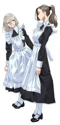 2girls absurdres blue_eyes brown_hair grey_hair high_heels highres maid multiple_girls original ponytail pumps socks tbocart victorian_maid white_background white_socks