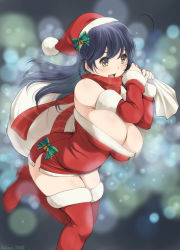 Rule 34 | 10s, 1girl, artist name, bare shoulders, black hair, blush, breasts, brown eyes, carrying, cleavage, curvy, female focus, hat, huge breasts, kantai collection, kantori, large breasts, long hair, open mouth, plaid, plaid scarf, red thighhighs, sack, santa costume, santa hat, scarf, smile, solo, thighhighs, twitter username, ushio (kancolle), wide hips