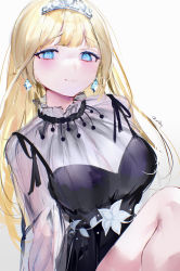 Rule 34 | 1girl, absurdres, black dress, blonde hair, blue eyes, blush, breasts, cleavage, dress, earrings, floral print, highres, hololive, hololive english, jewelry, knee up, large breasts, long hair, looking at viewer, mile (off8mile), official alternate costume, see-through, see-through sleeves, signature, simple background, solo, tiara, virtual youtuber, watson amelia, watson amelia (party dress)