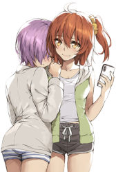 Rule 34 | 2girls, ahoge, alternate costume, ass, blush, breasts, cellphone, closed eyes, commentary request, couple, cowboy shot, fate/grand order, fate (series), fujimaru ritsuka (female), hair between eyes, hair ornament, hair over one eye, hair scrunchie, head on another&#039;s shoulder, holding, holding phone, long hair, long sleeves, looking at another, mash kyrielight, medium breasts, multiple girls, one eye covered, one side up, orange hair, phone, purple eyes, purple hair, scrunchie, shirt, short hair, shorts, simple background, sleeveless, sleeveless shirt, smartphone, smile, standing, striped clothes, striped shorts, tonee, white background, white shirt, yellow eyes, yuri