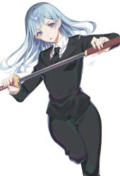 Rule 34 | 1girl, absurdres, bad id, bad pixiv id, black jacket, black necktie, black pants, blue eyes, blue hair, breasts, collared shirt, floating hair, formal, highres, holding, holding sheath, holding sword, holding weapon, jacket, jujutsu kaisen, leg up, long hair, long sleeves, miwa kasumi, necktie, open mouth, oshage (osyage921), pant suit, pants, sheath, shirt, simple background, small breasts, solo, suit, sword, thigh gap, unsheathing, very long hair, weapon, white background, white shirt, wing collar