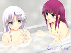 Rule 34 | 10s, angel beats!, bathtub, brown eyes, green eyes, long hair, niwatori kokezou, nude, purple hair, short hair, tenshi (angel beats!), white hair, nakamura yuri