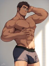 Rule 34 | 1boy, abs, arms behind head, artist name, ass, bandaid, bandaid on face, bandaid on nose, bara, biceps, brown hair, bulge, facial hair, feet out of frame, hairy, highres, large pectorals, light, looking at viewer, male focus, male underwear, manly, mature male, muscular, muscular male, nipples, no pants, original, pectorals, pubic hair, short hair, signature, smile, solo, spiked hair, stubble, thick arms, thick eyebrows, topless male, underwear, veins, zifu