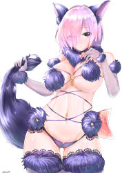 Rule 34 | 1girl, absurdres, animal ears, arms at sides, bow, breasts, cleavage, closed mouth, cowboy shot, cross-laced clothes, elbow gloves, eyes visible through hair, fate/grand order, fate/stay night, fate (series), fox ears, fox tail, fur-trimmed gloves, fur-trimmed legwear, fur collar, fur trim, gloves, hair over one eye, hand on own chest, highres, holding, lace, lace-trimmed legwear, lace trim, large breasts, light purple hair, looking at viewer, lowleg, lowleg panties, mash kyrielight, mash kyrielight (dangerous beast), narrow waist, navel, o-ring, o-ring top, official alternate costume, oputon, panties, purple bow, purple eyes, purple gloves, purple panties, purple thighhighs, shiny skin, short hair, sidelocks, solo, standing, tail, thighhighs, twitter username, underwear, white background, wolf ears, wolf tail