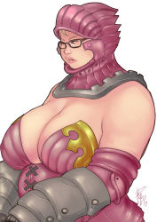 Rule 34 | 1girl, armor, bad id, bad pixiv id, breasts, cleavage, dated, glasses, gloves, helmet, huge breasts, kusagami style, lips, original, plump, signature, simple background, solo, upper body, white background
