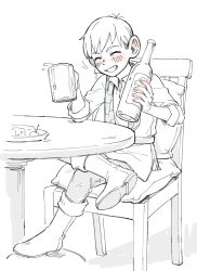 Rule 34 | 1boy, alcohol, beer mug, blush, boots, bottle, chair, chilchuck tims, closed eyes, commentary, cup, dm kitsune, dungeon meshi, greyscale, grin, highres, holding, holding bottle, holding cup, male focus, monochrome, mug, pants, shirt, simple background, sitting, smile, solo, spot color, symbol-only commentary, table