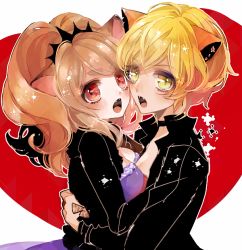 Rule 34 | 2girls, animal ears, asymmetrical docking, bad id, bad pixiv id, big hair, black choker, black jacket, blonde hair, blush, breast press, breasts, brown hair, choker, citti (show by rock!!), cleavage, copyright request, dress, fangs, from side, heart, hug, jacket, laina (show by rock!!), leather, leather jacket, lion ears, looking at viewer, looking to the side, mamaloni, medium breasts, multiple girls, open clothes, open jacket, open mouth, ponytail, purple dress, red eyes, short sleeves, show by rock!!, slit pupils, yellow eyes, yuri