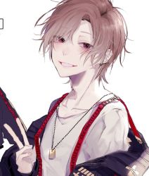 Rule 34 | 1boy, blush, brown hair, collarbone, grin, hair between eyes, jacket, jewelry, looking at viewer, male focus, myuhuaki, off shoulder, open clothes, open jacket, original, pendant, red eyes, short hair, simple background, smile, solo, suspenders, upper body, v, white background