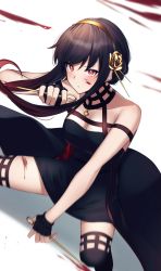 Rule 34 | 1girl, bare shoulders, black dress, black hair, blood, blood on face, breasts, choker, cleavage, dress, earrings, fighting stance, fingerless gloves, flower, gloves, hair flower, hair ornament, highres, holding, holding weapon, jewelry, kuro imu, large breasts, long hair, red eyes, solo, spy x family, thighhighs, weapon, yor briar