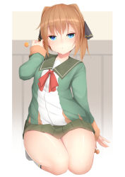 Rule 34 | 1girl, bad id, bad pixiv id, black ribbon, blue eyes, blush, brown hair, candy, closed mouth, commentary request, food, full body, green jacket, green skirt, hachijou (kancolle), hair between eyes, hair ribbon, holding, jacket, kantai collection, lollipop, long sleeves, looking at viewer, ne an ito, pleated skirt, red neckwear, ribbon, seiza, short hair, simple background, sitting, skirt, socks, solo