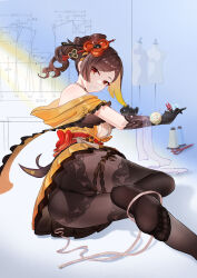Rule 34 | 1girl, absurdres, ass, bare shoulders, black gloves, black pantyhose, breasts, brown hair, chiori (genshin impact), cleavage, commentary request, ermu (enmmm), foot out of frame, genshin impact, gloves, haori, highres, holding, japanese clothes, long hair, looking at viewer, medium breasts, needle, no shoes, off shoulder, pantyhose, pleated skirt, ponytail, sewing needle, skirt, solo, yellow eyes, yellow skirt