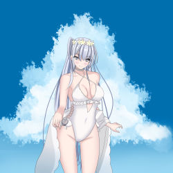 Rule 34 | 1girl, blue sky, breasts, casual one-piece swimsuit, choker, cloud, commentary request, cosplay, covered navel, cowboy shot, criss-cross halter, flower, frilled one-piece swimsuit, frilled swimsuit, frills, fuyutsuki (kancolle), grey eyes, grey hair, hair flower, hair ornament, hairband, halterneck, head wreath, highleg, highleg swimsuit, kantai collection, long hair, looking at viewer, medium breasts, mikagami kagari, one-piece swimsuit, one side up, sagiri (kancolle), sagiri (kancolle) (cosplay), shawl, side-tie swimsuit, sky, solo, standing, swimsuit, white choker, white one-piece swimsuit, white shawl