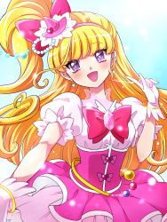 Rule 34 | 1girl, :d, asahina mirai, blonde hair, blue background, blush, bow, bracelet, brooch, cure miracle, earrings, gem, gloves, hair bow, hairband, hat, jewelry, kagami chihiro, long hair, looking at viewer, magical girl, mahou girls precure!, mini hat, mini witch hat, open mouth, pink bow, pink hairband, pink headwear, pink skirt, precure, puffy sleeves, purple eyes, side ponytail, skirt, smile, solo, upper body, white gloves, witch hat