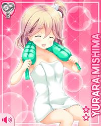 1girl barefoot blonde_hair bottomless card_(medium) collarbone closed_eyes girlfriend_(kari) grey_eyes holding looking_at_viewer mishima_yurara neck_rest official_art open_mouth pink_background qp:flapper short_hair side_ponytail sitting smile solo tagme towel