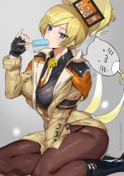 Rule 34 | 1girl, ashiomi masato, blush, breasts, brown pantyhose, fur hat, guilty gear, guilty gear strive, hat, highres, large breasts, long hair, long sleeves, looking at viewer, millia rage, pantyhose, solo, thighs, ushanka