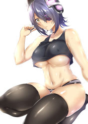 Rule 34 | 10s, 1girl, bare shoulders, blush, breasts, collarbone, covered erect nipples, eyepatch, glowing, headgear, kantai collection, large breasts, navel, panties, playing with own hair, purple hair, saintshiro, seiza, short hair, simple background, sitting, skindentation, solo, sweat, tank top, tenryuu (kancolle), thighhighs, underboob, underwear, white background, yellow eyes