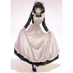 Rule 34 | 1girl, apron, black footwear, black hair, brown eyes, curtsey, eyebrows hidden by hair, frilled apron, frills, full body, fuyu (xxfylia), gradient background, looking at viewer, maid, maid apron, maid headdress, neck ribbon, open mouth, original, ribbon, shadow, short hair, skirt hold, solo, standing, white ribbon