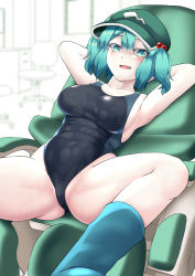 Rule 34 | 1girl, armchair, armpits, arms behind head, blue eyes, blue footwear, blue hair, boots, chair, competition swimsuit, desk, flat cap, green hat, hair bobbles, hair ornament, hat, highres, kagiyama shachou, kawashiro nitori, leotard, lying, medium hair, one-piece swimsuit, rubber boots, school swimsuit, short twintails, sidelocks, smile, solo, sweat, swimsuit, thighs, touhou, twintails, two side up, white background