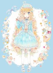 Rule 34 | 1girl, ;o, ahoge, alarm clock, arm at side, blonde hair, bloomers, blue bow, blue dress, blue eyes, blue footwear, blurry, book, bow, box, center opening, clenched hand, clock, commentary request, dress, frilled legwear, frilled shirt collar, frilled sleeves, frills, full body, gift, gift box, hair bow, hairband, highres, ice cream cone, lolita fashion, lolita hairband, long hair, long sleeves, looking at viewer, marker (medium), mary janes, one eye closed, open book, original, painting (medium), pigeon-toed, red bow, ribbon, rubbing eyes, shoes, solo, stuffed animal, stuffed toy, teardrop, tears, teddy bear, toothbrush, traditional media, underwear, uni (setsuna gumi39), very long hair, watercolor (medium), wavy hair, white legwear
