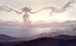 Rule 34 | 1girl, absurdly long hair, bad id, bad pixiv id, bare shoulders, bridge, city, cityscape, closed eyes, detached collar, giant, giantess, han yijie, hatsune miku, hill, horizon, huge giantess, landscape, long hair, partially submerged, river, scenery, sky, solo, sunlight, sunset, twintails, very long hair, vocaloid, water