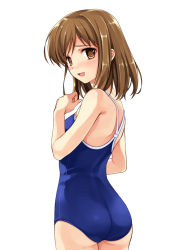 Rule 34 | 1girl, abhar, ass, back, blush, brown eyes, brown hair, butt crack, competition school swimsuit, from behind, highres, looking back, misaki kurehito, nervous, one-piece swimsuit, open mouth, school swimsuit, simple background, smile, solo, suiheisen made nan mile?, swimsuit, tsuyazaki kokage