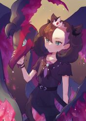 Rule 34 | 1girl, anidf, asymmetrical bangs, belt, black belt, blush, closed mouth, collarbone, commentary request, creatures (company), dress, expressionless, eyelashes, galarian form, galarian moltres, game freak, gen 8 pokemon, green eyes, hand up, highres, legendary pokemon, marnie (champion) (pokemon), marnie (pokemon), medium hair, nintendo, official alternate costume, pokemon, pokemon (creature), pokemon masters ex, short sleeves, tiara, twintails