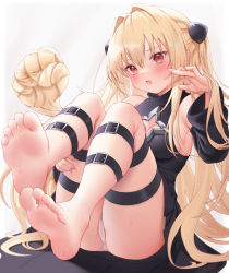Rule 34 | 1girl, armpit crease, ass, bare shoulders, barefoot, belt, black dress, blonde hair, blush, breasts, cameltoe, cleavage, cleavage cutout, clothing cutout, detached sleeves, dress, feet, foot focus, frown, hair intakes, hair ornament, hand on own thigh, hand up, highres, konjiki no yami, leg belt, legs up, long hair, long sleeves, looking at viewer, medium breasts, multiple belts, open mouth, panties, prehensile hair, red eyes, sleeveless, sleeveless dress, solo, sweat, thighs, to love-ru, to love-ru darkness, toes, two side up, underwear, very long hair, white panties, zhaofeng yinyue