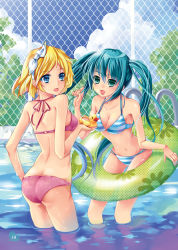 Rule 34 | 2girls, aqua hair, ass, bikini, blonde hair, blue eyes, breasts, chain-link fence, chengshan0708, cleavage, cloud, day, fence, green eyes, hair ribbon, hatsune miku, innertube, kagamine rin, long hair, looking at viewer, medium breasts, multiple girls, navel, open mouth, ribbon, rubber duck, short hair, sky, small breasts, striped bikini, striped clothes, swim ring, swimsuit, twintails, very long hair, vocaloid, wading, wet