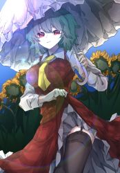 Rule 34 | 1girl, black thighhighs, blouse, blue sky, bright pupils, closed mouth, clothes lift, cloud, collared shirt, dress, dress lift, field, flower, flower field, garter straps, green hair, highres, holding, holding umbrella, kazami yuuka, lifted by self, long sleeves, looking at viewer, necktie, outdoors, plaid, plaid dress, red dress, red eyes, shirt, short hair, sky, solo, standing, sunflower, sunflower field, thighhighs, touhou, umbrella, vivo (vivo sun 0222), white pupils, white shirt, white umbrella, yellow necktie