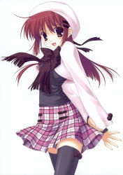 Rule 34 | 1girl, absurdres, ahoge, black thighhighs, blush, hat, highres, long hair, looking at viewer, nanao naru, open mouth, plaid, scarf, skirt, solo, thighhighs