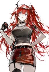 Rule 34 | 1girl, absurdres, arknights, black gloves, black shirt, black thighhighs, dress, fingerless gloves, gloves, highres, horns, jewelry, long hair, looking at viewer, midriff, necklace, one side up, parted lips, pencil skirt, purple eyes, red dress, red hair, remsrar, shirt, short sleeves, simple background, single glove, skirt, solo, surtr (arknights), surtr (liberte echec) (arknights), thigh strap, thighhighs, very long hair, white background