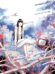 Rule 34 | 1girl, barefoot, black eyes, black hair, blunt bangs, breasts, cleavage, collarbone, coral, dress, fish, highres, hime cut, long hair, original, selina, sitting, small breasts, solo, television, transparent